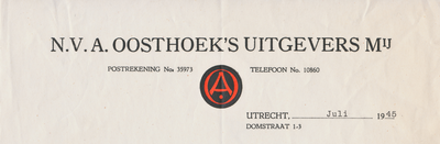 711834 Briefhoofd van een brief van de N.V. A. Oosthoek’s Uitgevers Mij., Domstraat 1-3 te Utrecht.